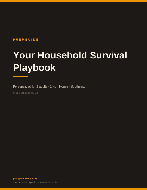 Sample playbook cover page, personalized for a two-adult one-kid household in the Southeast