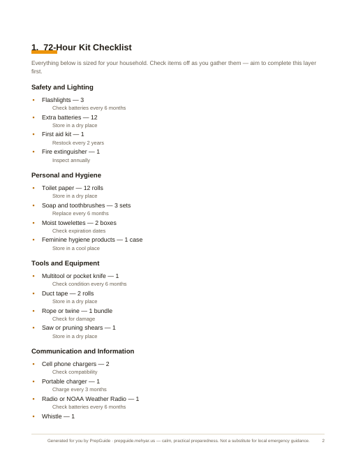 Sample 72-hour kit checklist page with quantities sized to the household